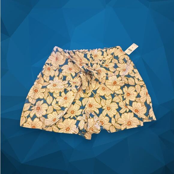 by Anthropologie NWT Cream Teal Floral Lyocell Faux Wrap Shorts Size XS - Picture 1 of 10